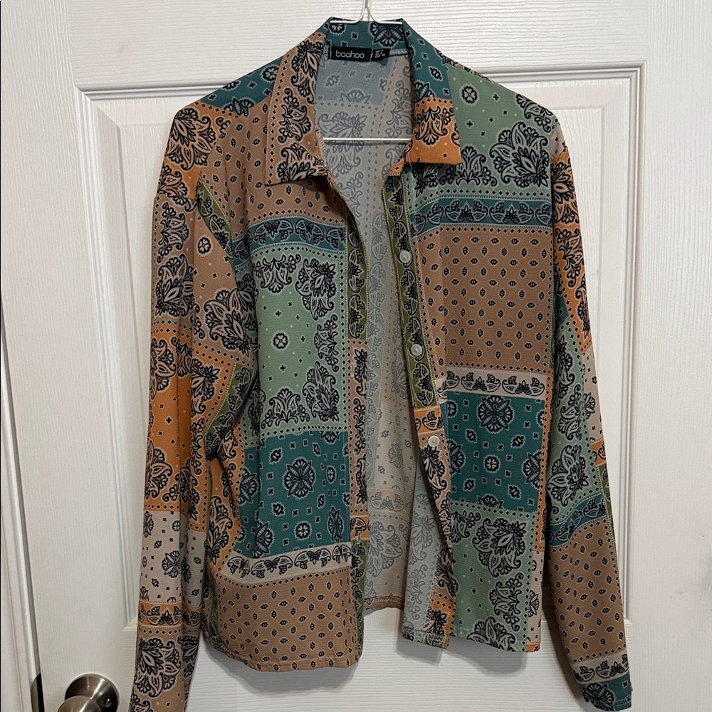 Boohoo Green and Tan Patchwork Shirt